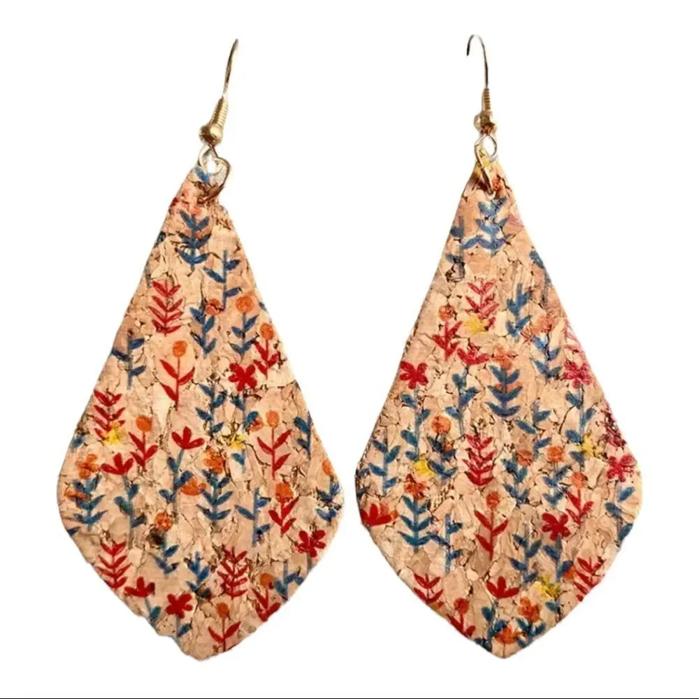 Flower Leaf Print Teardrop Shape Lightweight Cork Drop Earrings NWT